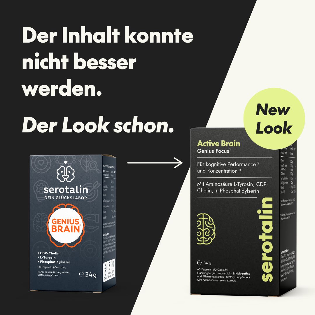Vergleich: Alte und neue Verpackung. Text: Der Inhalt konnte nicht besser werden. Der Look schon. Genius Brain, Active Brain.