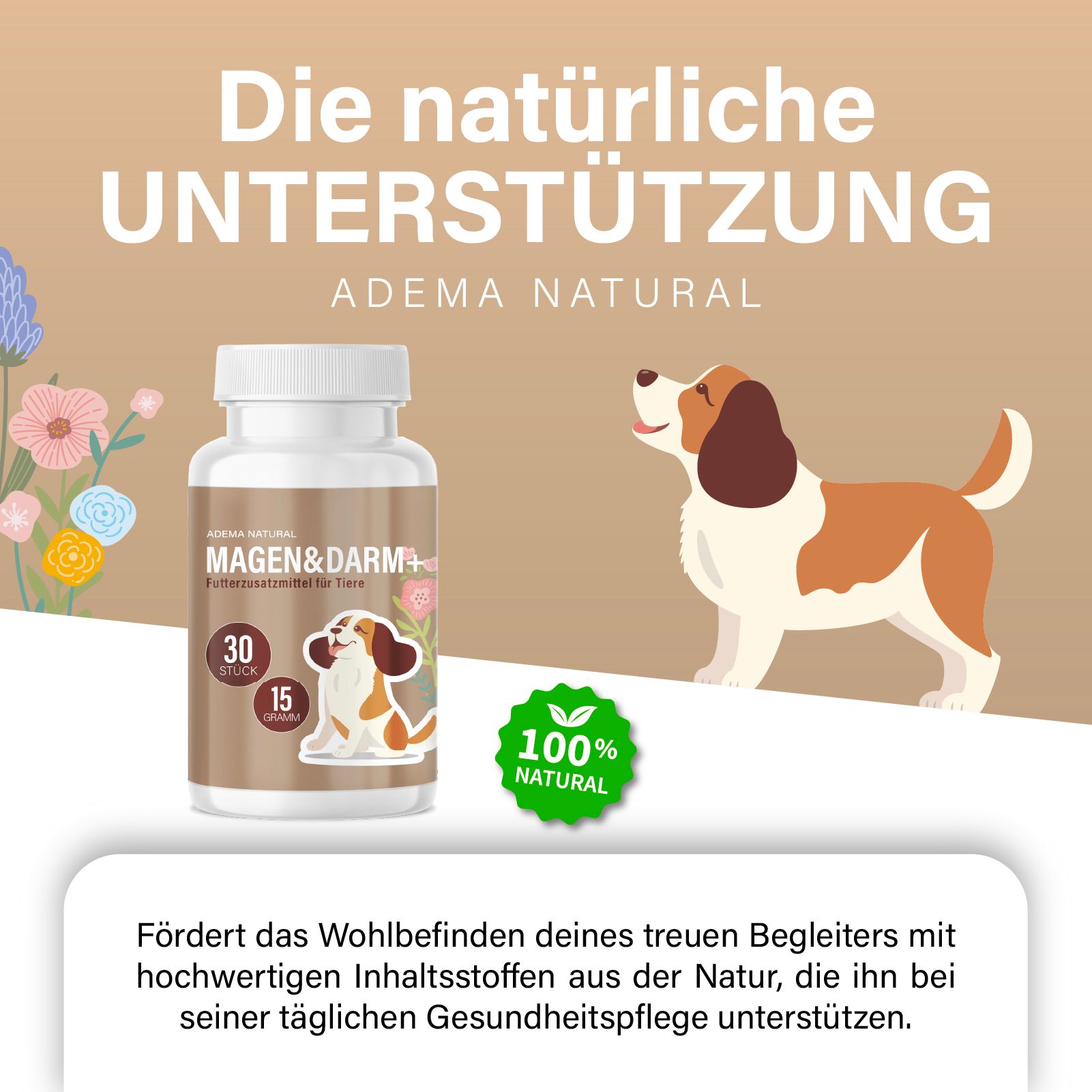 Produktabbildung mit Hund. Flasche mit Etikett: ADEMA NATURAL Magen & Darm+. 100% Natural Siegel. Text: Die natürliche Unterstützung.