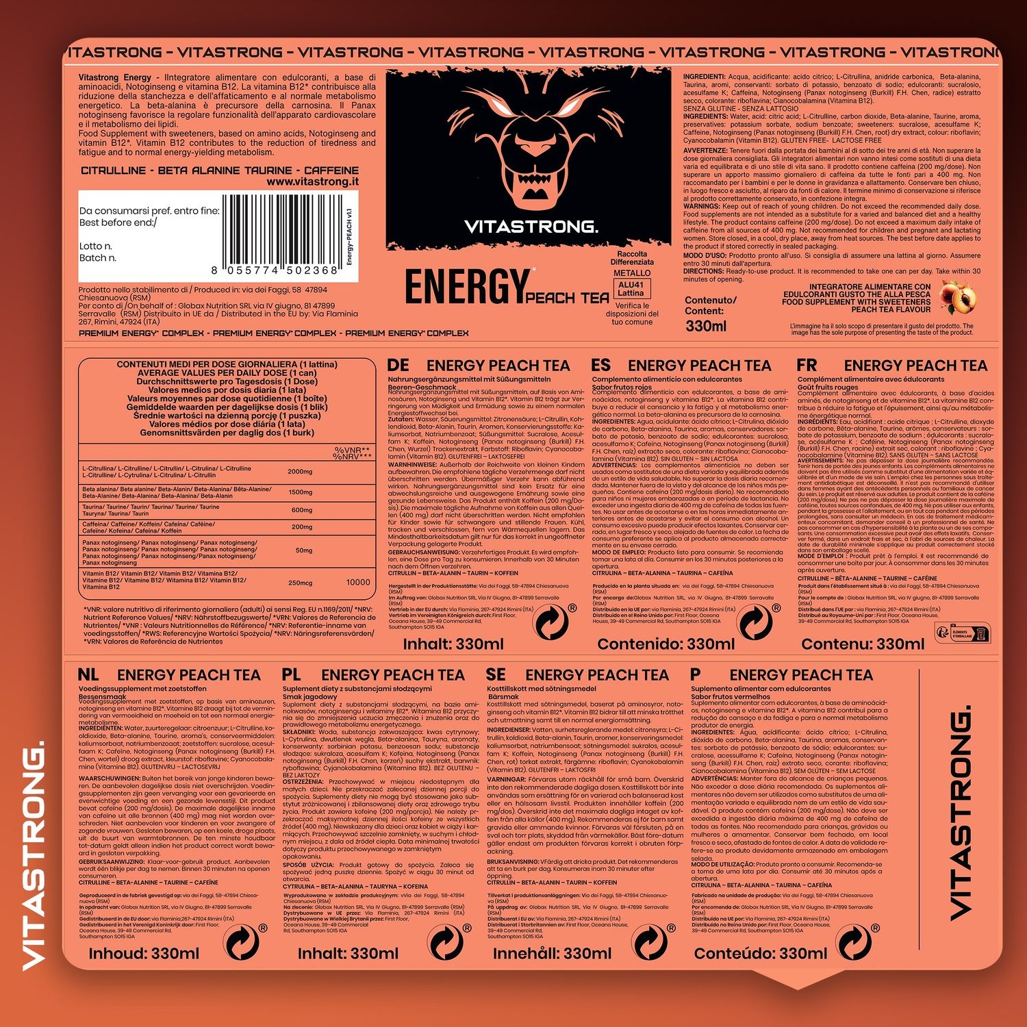 Rückseite der Dose. Text: Energy Peach Tea. Inhaltsstoffe, Nährwertangaben, Warnhinweise. Mehrsprachig.