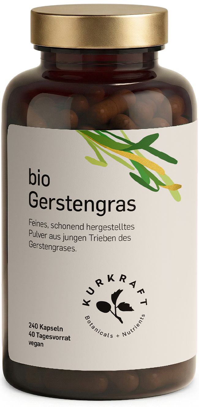 Braune Flasche mit Kapseln. Aufkleber: Bio Gerstengras. 240 Kapseln. 40 Tagesvorrat. Vegan. Kurkraft Logo.