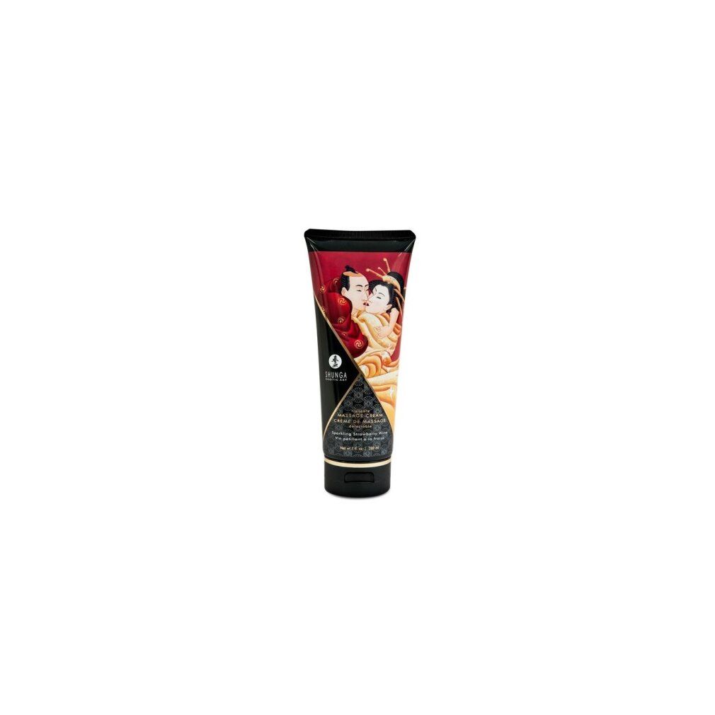 Tube Massagecreme mit Paar-Illustration, Text und Logo. Schwarzer Deckel und Boden.