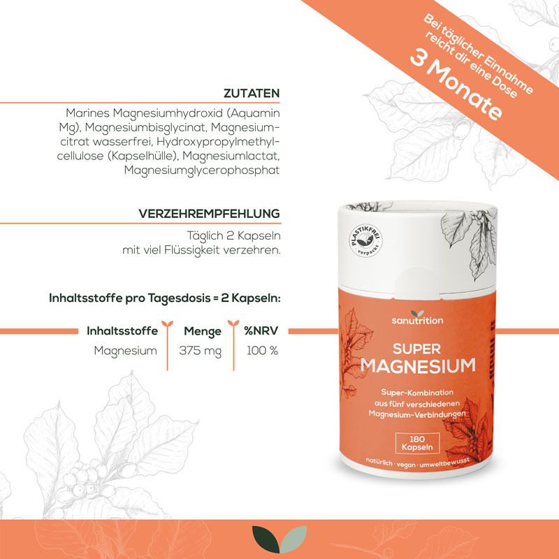 Infografik: "Sanutrition Super Magnesium" Dose und Zutaten. Magnesium, 375mg pro Tagesdosis. Verzehrempfehlung: 2 Kapseln.