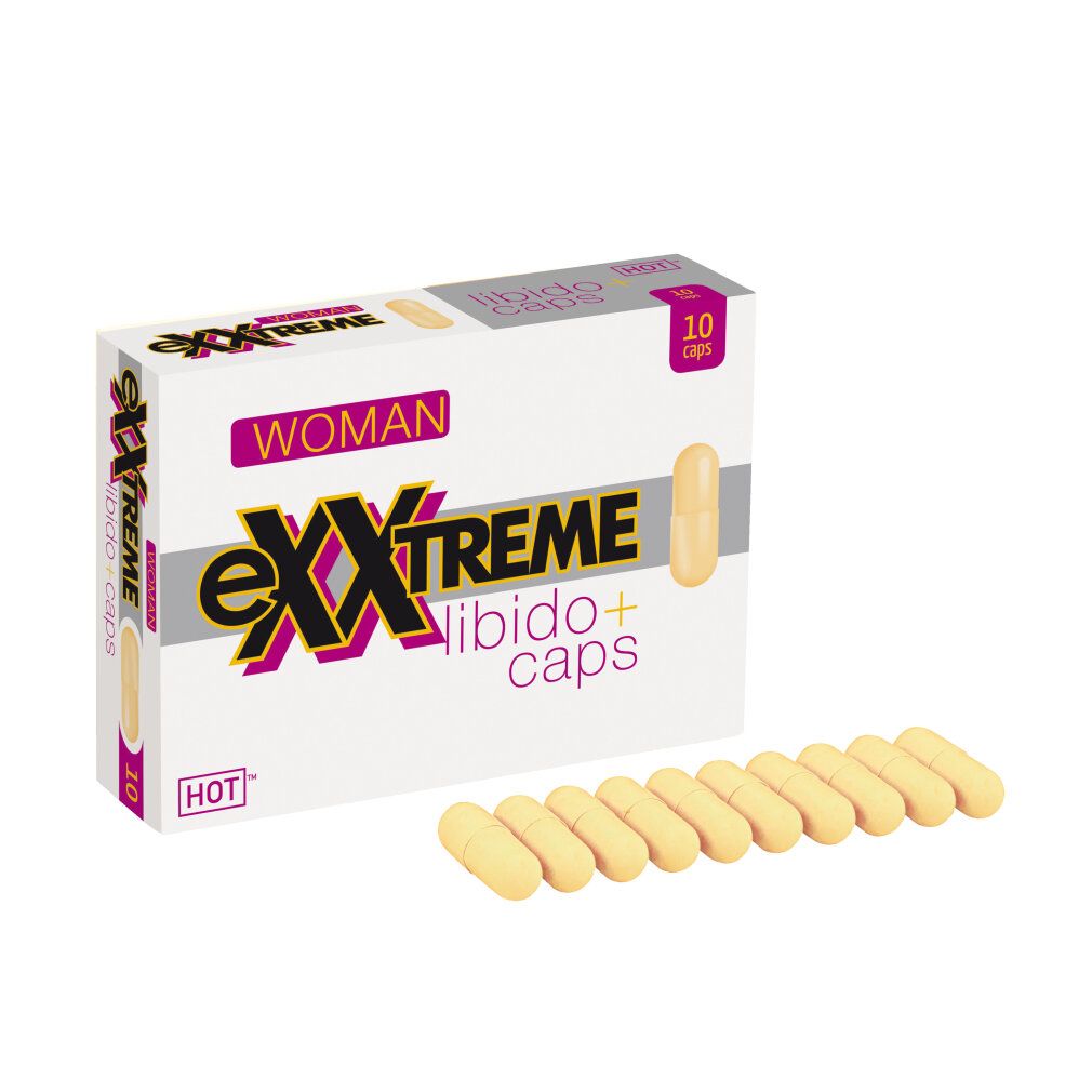 Weiße Schachtel mit gelber Kapsel. Aufschrift: eXXtreme, WOMAN, Libido+ caps, HOT. 10 Kapseln. Daneben 10 Kapseln.