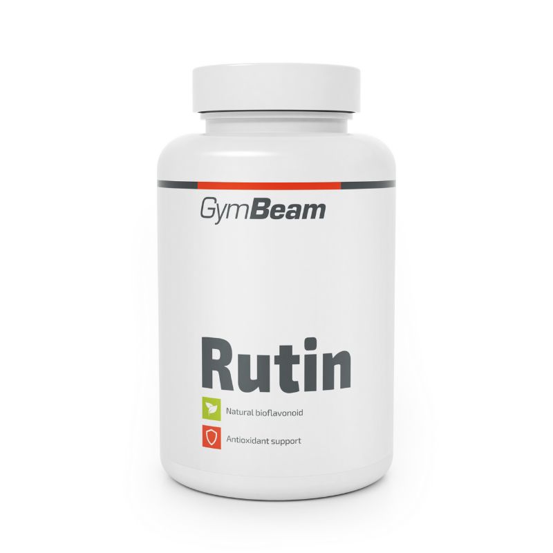 GymBeam Rutin Kapseln: Weißer Behälter mit schwarzem und rotem Etikett. Enthält 500 mg Rutin.