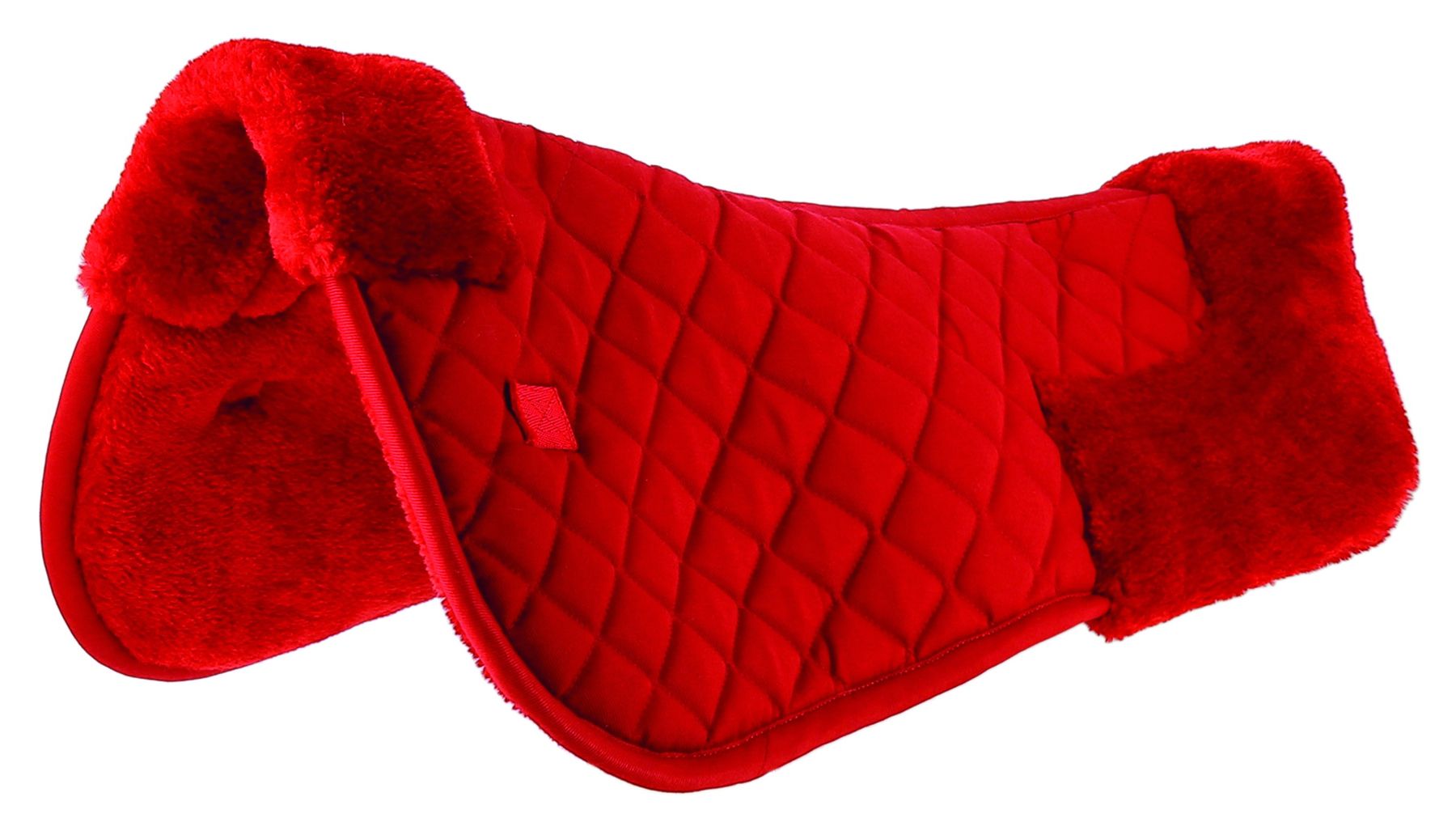 Roter Rückenschoner mit Steppung und Fellbesatz. Seitliche Aussparungen. Für Pferde.