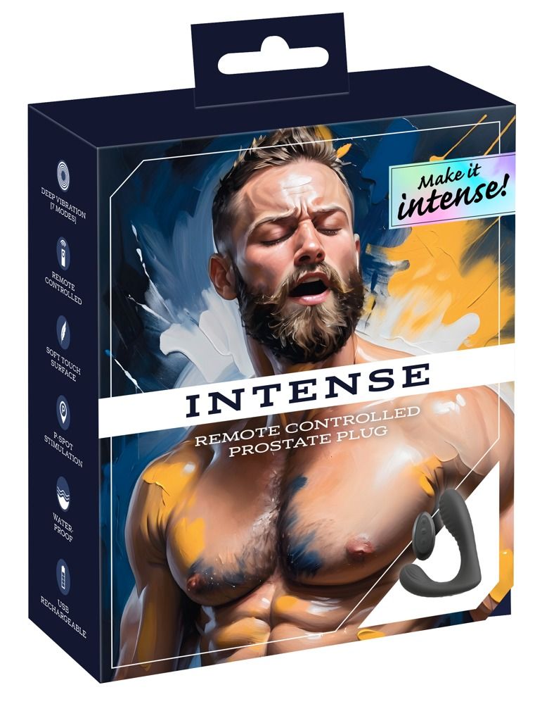 Verpackung von Intense - RC Prostate Plug. Abbildung eines Mannes. Produktabbildung. Text: Deep Vibration, Remote Controlled.