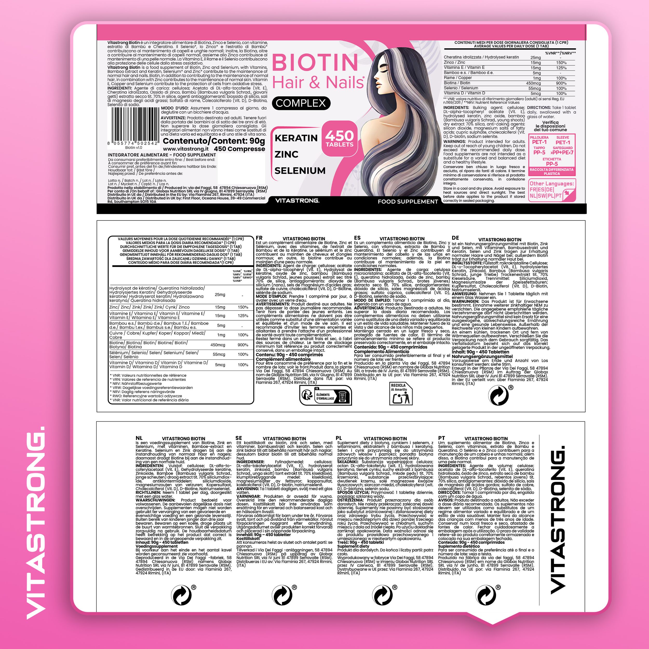 Produktverpackung mit Text. Enthält Informationen zu Inhaltsstoffen, Nährwerten und Hersteller.  "BIOTIN Hair & Nails COMPLEX".