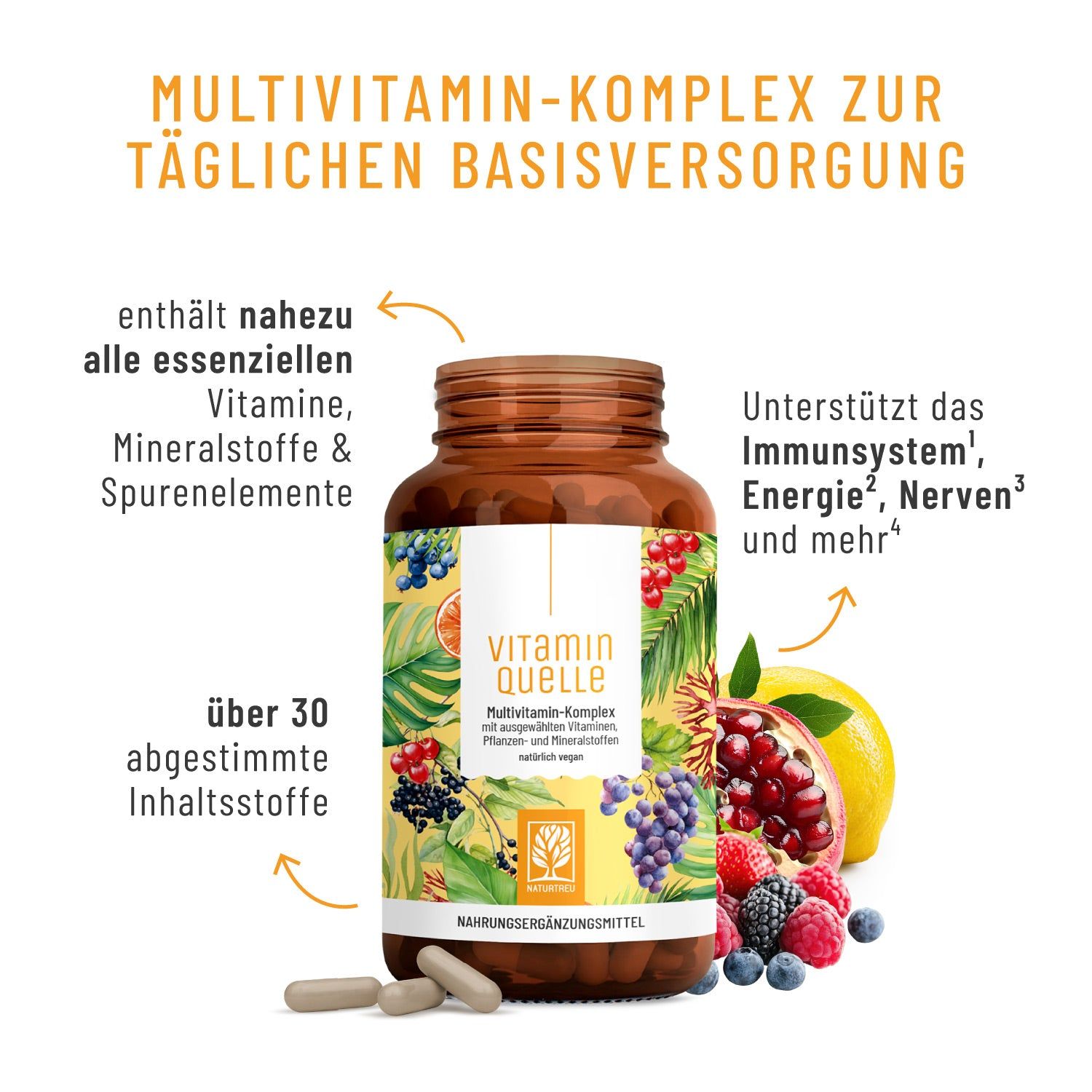 Braune Glasflasche mit Kapseln. Aufschrift: Vitamin Quelle, Multivitamin-Komplex. Mit Früchten dekoriert. Text: Unterstützt Immunsystem, Energie, Nerven.