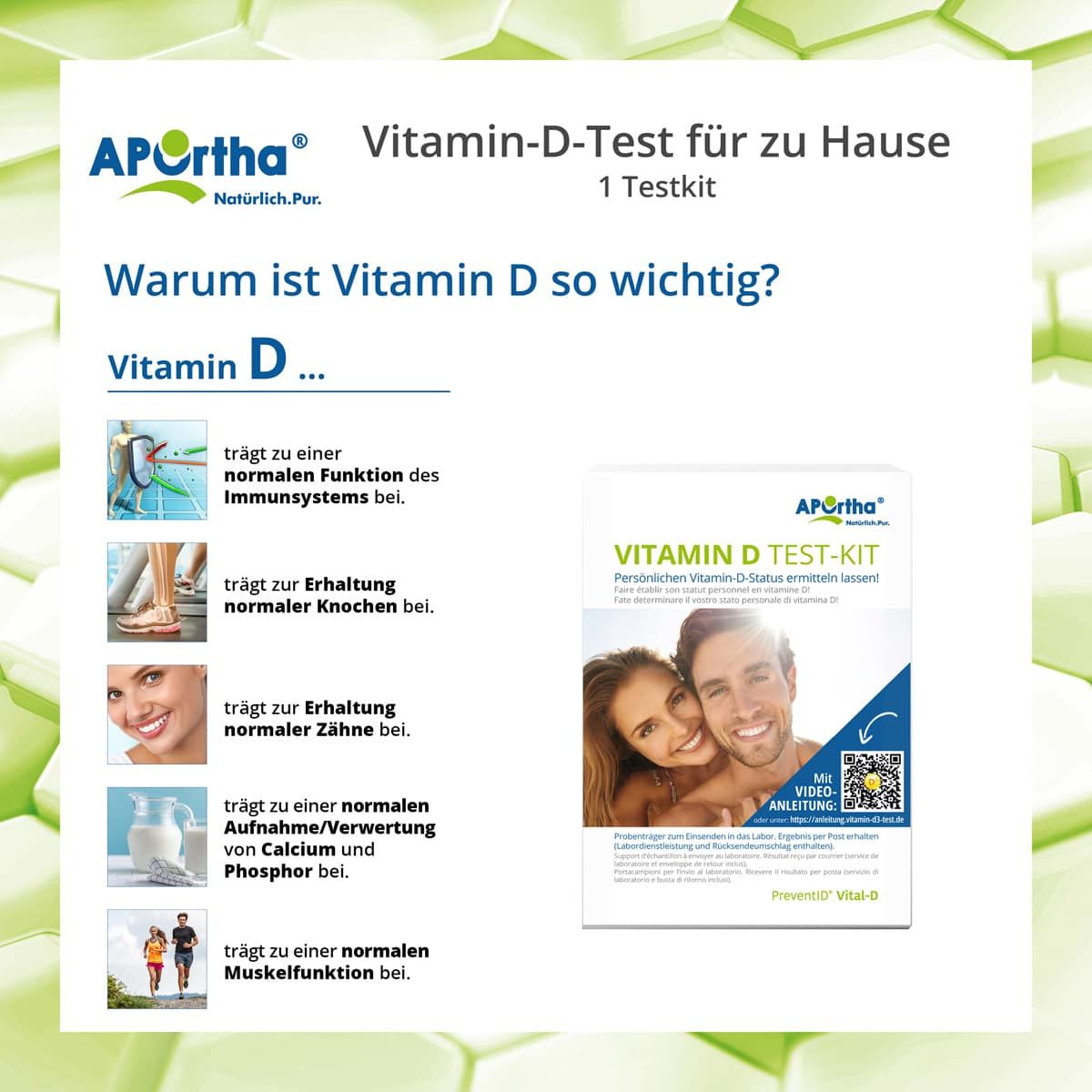 Infografik: Warum Vitamin D wichtig ist. Abbildungen zeigen Auswirkungen auf Immunsystem, Knochen, Zähne, Calcium-Aufnahme, Muskelfunktion.