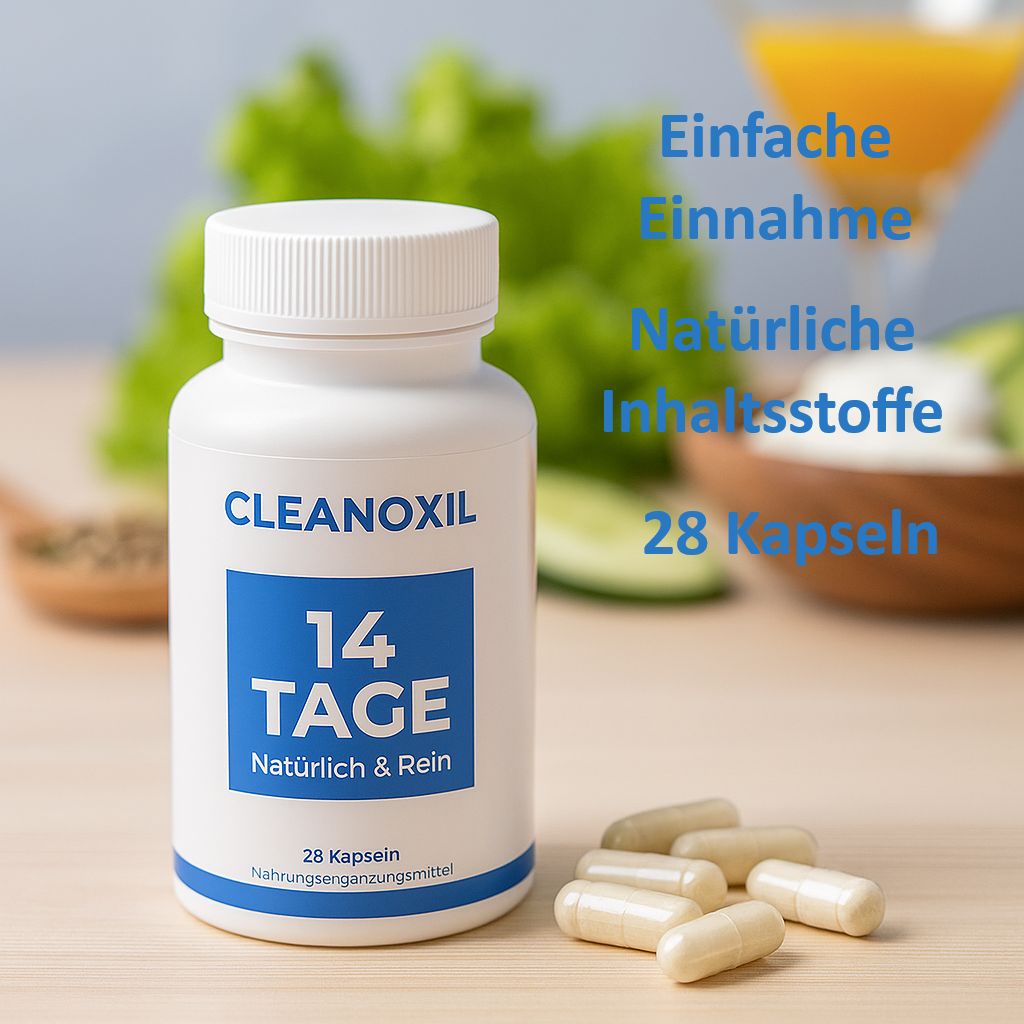 Weiße Flasche mit blauem Etikett. CLEANOXIL, 14 TAGE, 28 Kapseln. Mehrere Kapseln liegen daneben. Hintergrund.
