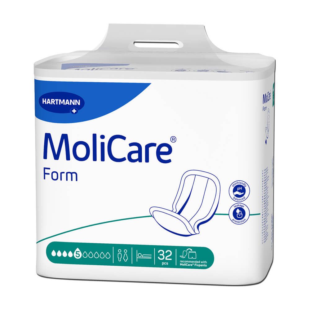 MoliCare Form Packung. Weiße Verpackung mit Logo und Produktbezeichnung. 32 Stück. Mit pH-Wert- und Hautverträglichkeits-Symbolen.