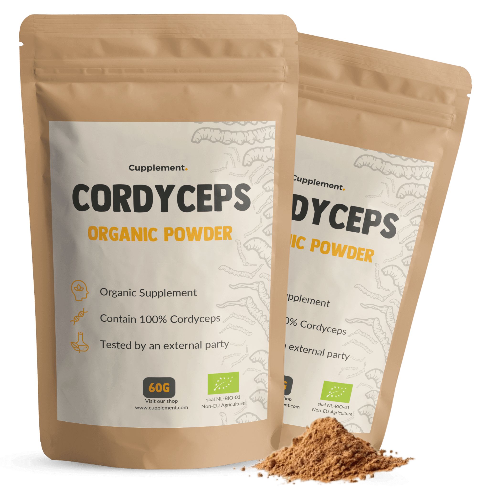 Zwei Beutel Cordyceps-Pulver. Aufschrift: Cupplement, Cordyceps, Organic Powder. 60g. Bio-Siegel.
