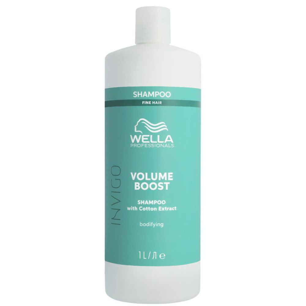 Weiße Shampoo-Flasche mit türkisfarbenem Etikett. Aufschrift: Wella Invigo Volume Boost Shampoo. 1L.