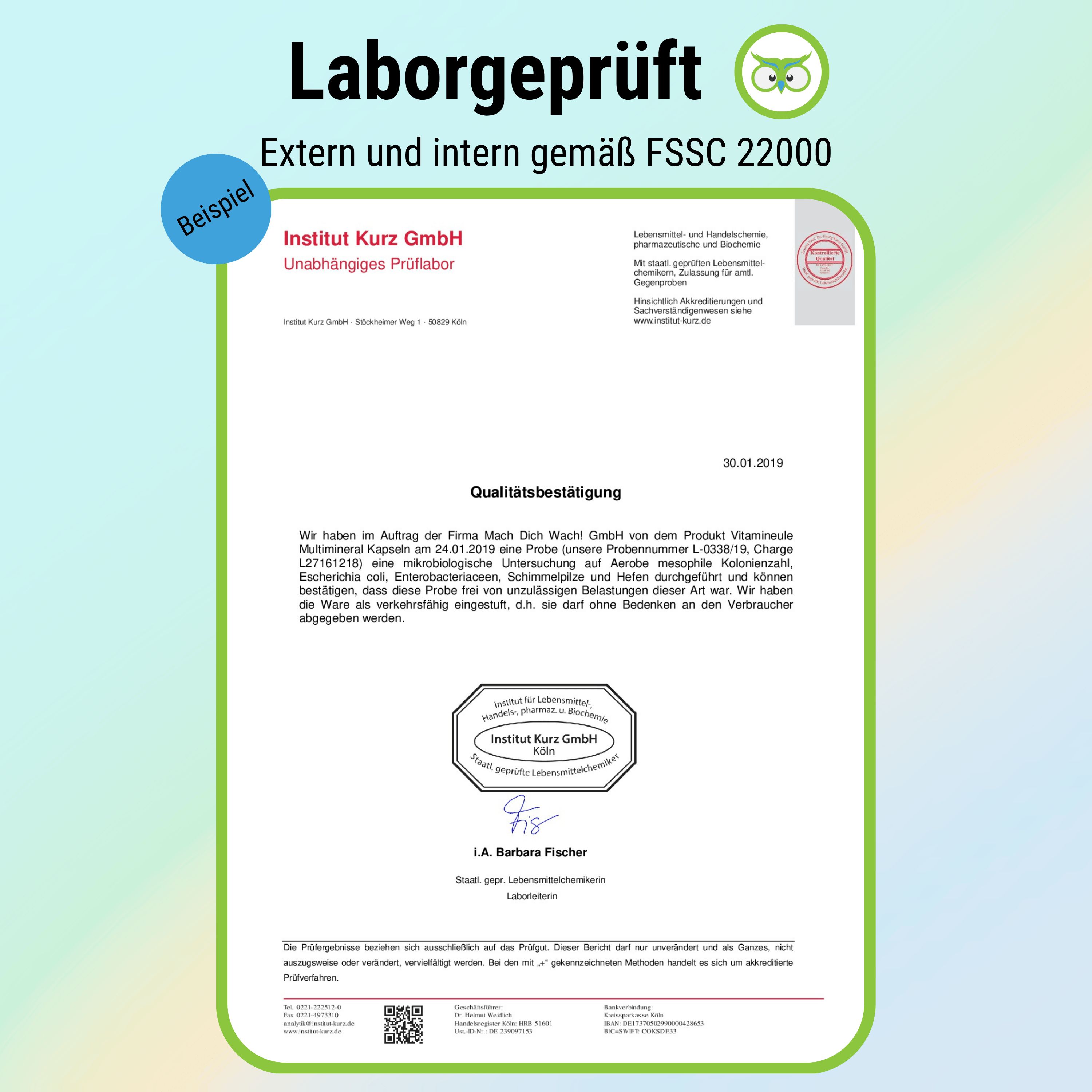Laborgeprüft-Zertifikat von Institut Kurz GmbH. Unabhängiges Prüflabor. Bestätigung der Qualität von Multimineral Kapseln. FSSC 22000.