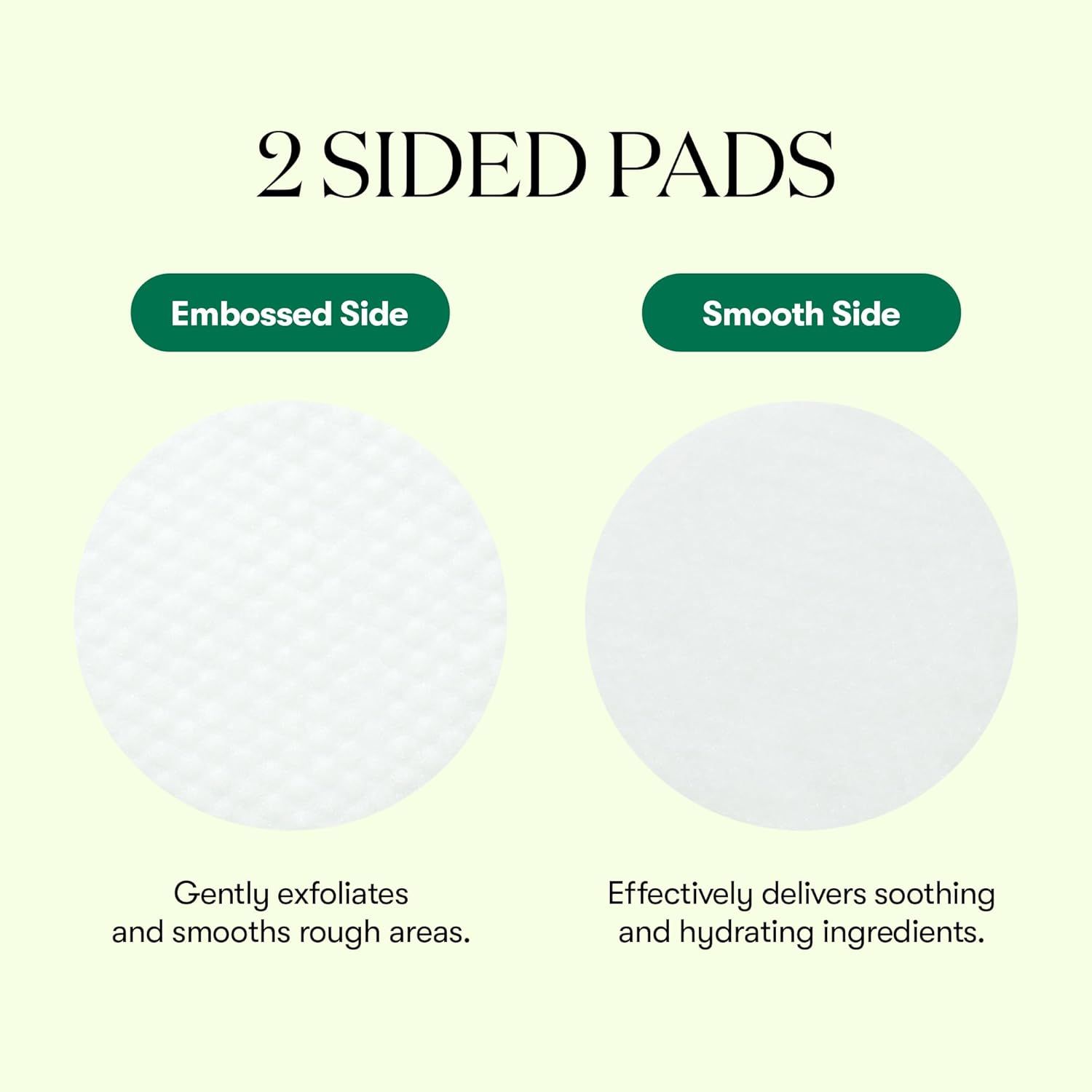 Zwei runde Toner Pads. Eine Seite strukturiert, die andere glatt. Text: Embossed Side, Smooth Side. Beschreibungen der Funktionen.