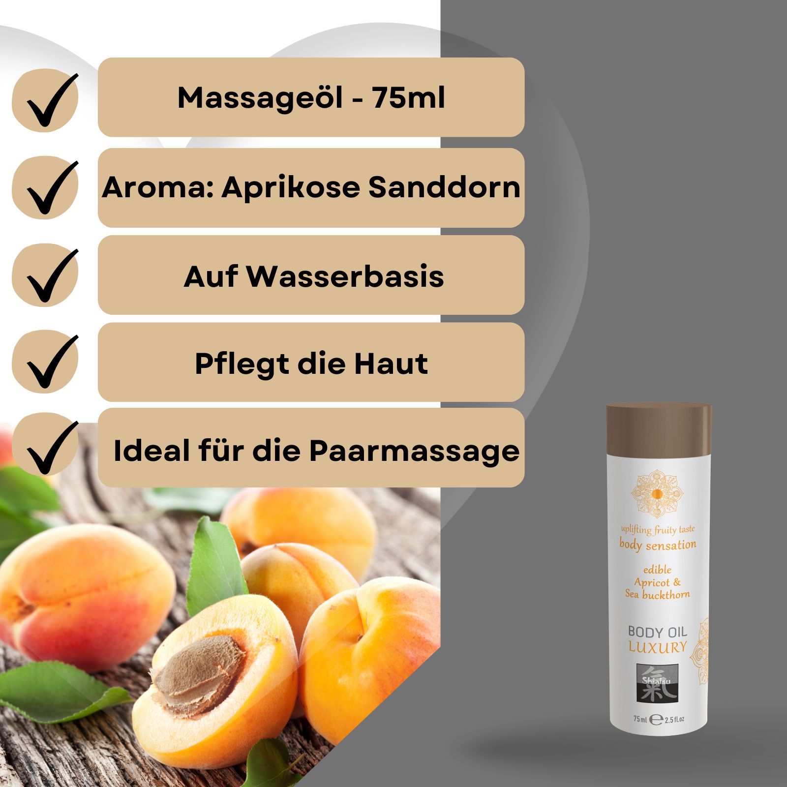 Produkt mit Aprikosen und Text: Massageöl, Aroma Aprikose Sanddorn, auf Wasserbasis, pflegt die Haut, ideal für Paarmassage. Flasche.