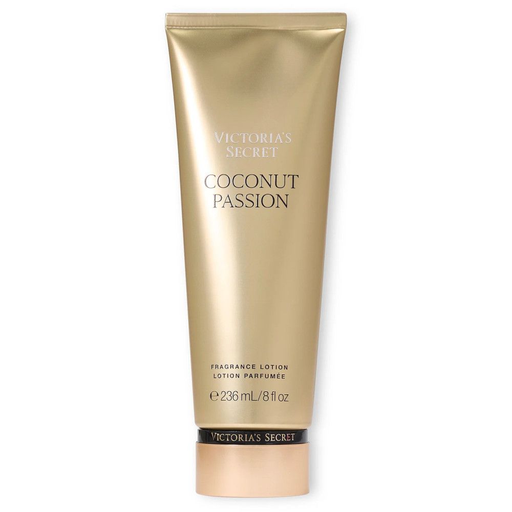 Goldfarbene Tube mit Text: Victoria's Secret, Coconut Passion. Schwarzer Verschluss.