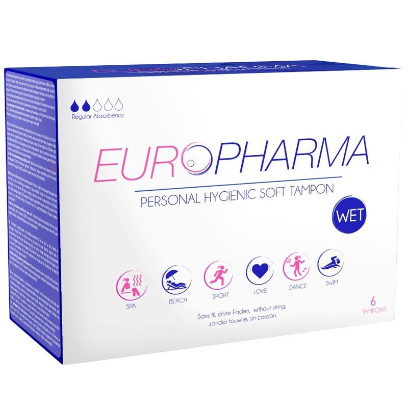 Verpackung mit Europharma Tampons. Blaue Verpackung. Enthält Tampons. Text: Personal Hygienic Soft Tampon.