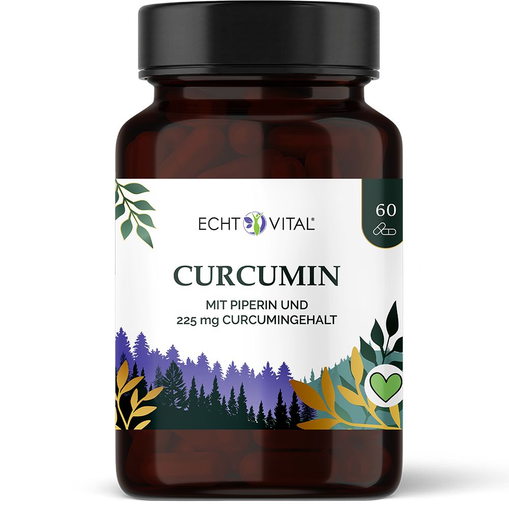Echt Vital Curcumin Kapseln in Braunglasflasche mit 60 Stück. Enthält Curcumin mit Piperin.