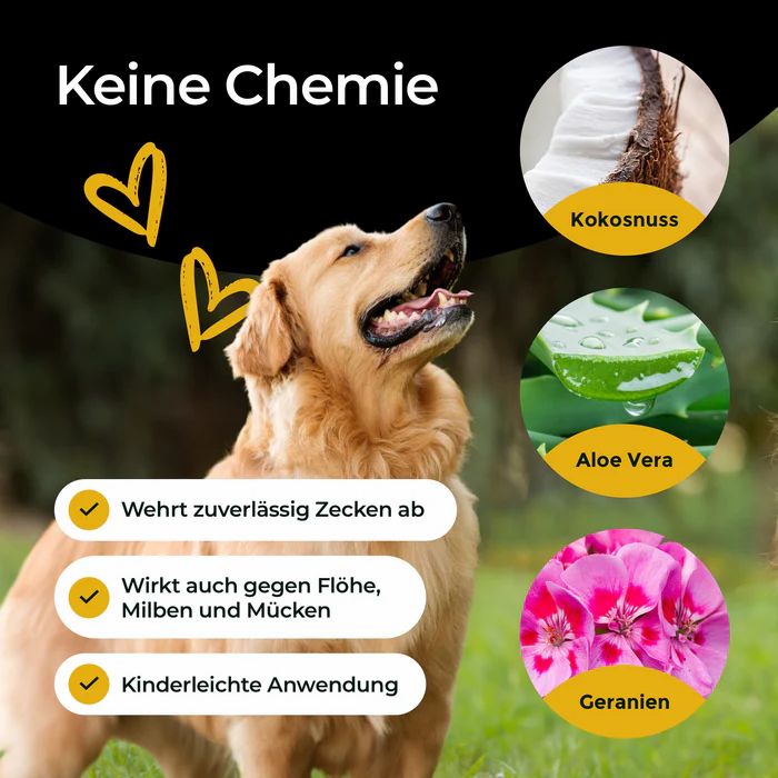 Goldener Retriever. Text: Keine Chemie. Abbildungen von Kokosnuss, Aloe Vera und Geranien. Text: Wehrt Zecken ab, wirkt gegen Flöhe, Milben und Mücken.