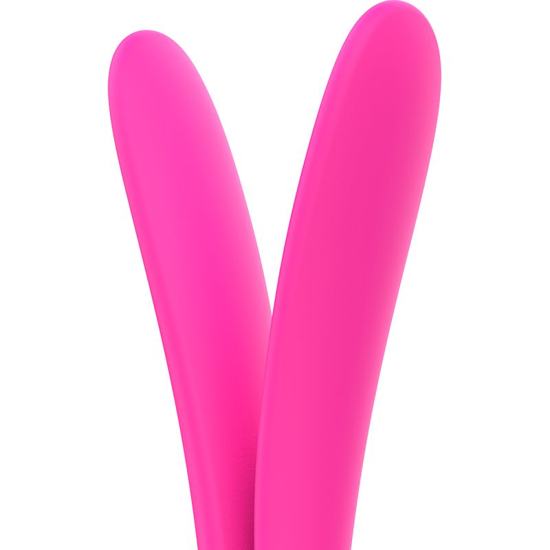 Nahaufnahme von zwei pinkfarbenen, gebogenen Enden eines Vibrators. Aus Silikon.