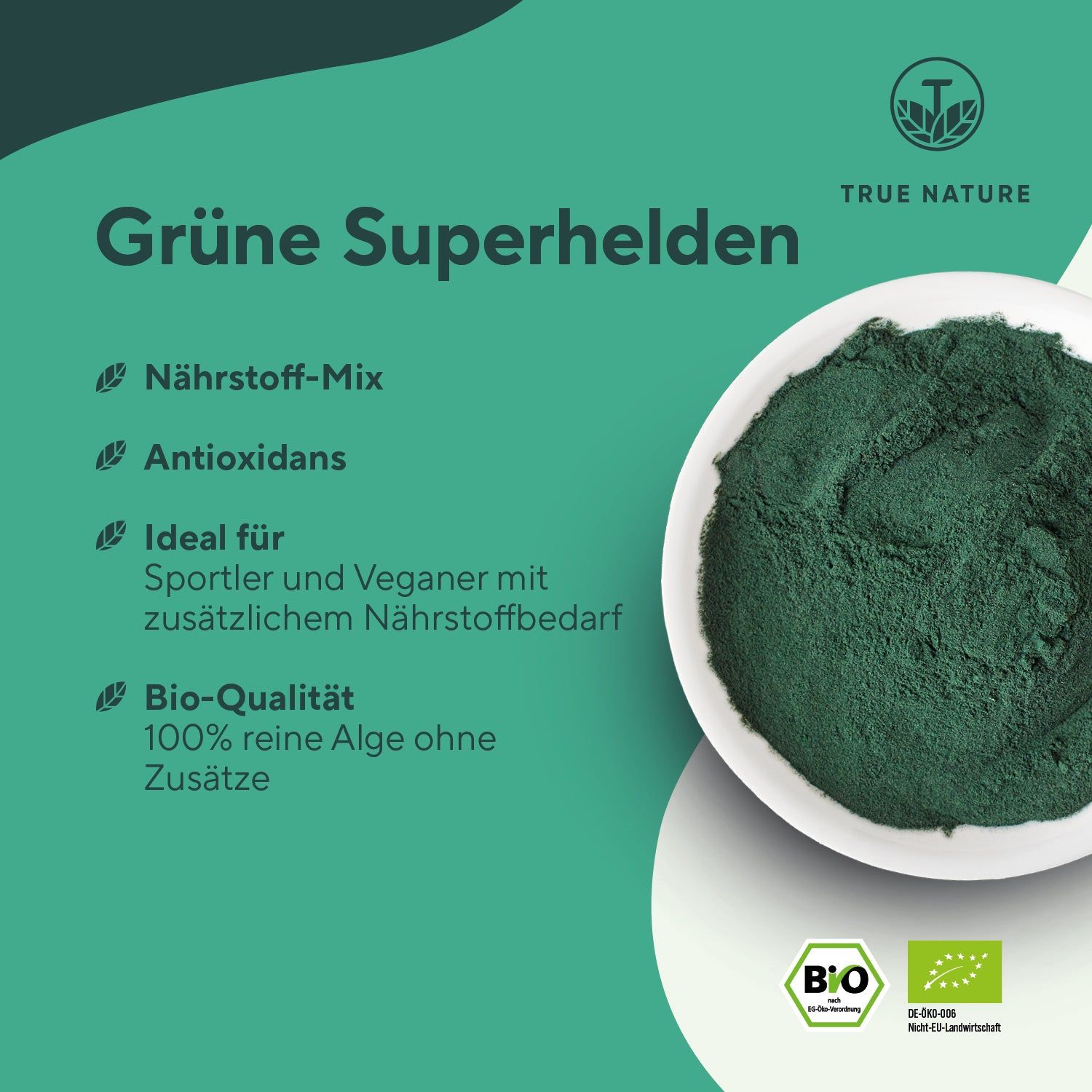 Grünes Pulver in weißer Schale. Text: Nährstoff-Mix, Antioxidans, ideal für Sportler und Veganer, Bio-Qualität.