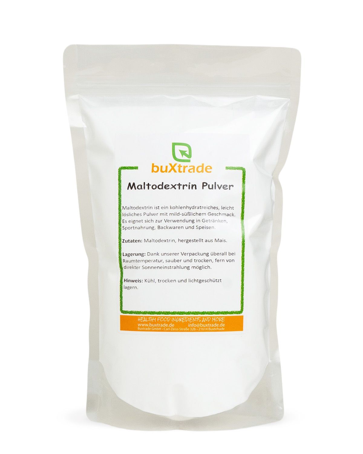 Buxtrade Maltodextrin Pulver in weißem Standbeutel mit Etikett.