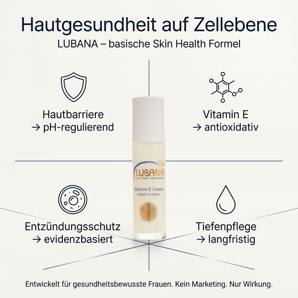 Creme-Flakon mit Diagramm. Text: Hautgesundheit auf Zellebene. Lubana Vitamin E Creme.