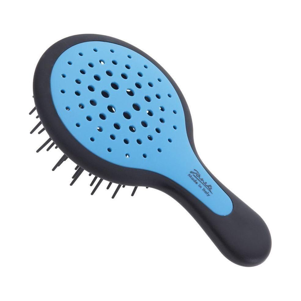Haarbürste, oval, schwarz-blau. Blaue Bürstenfläche mit Löchern, schwarzer Griff. Aufschrift: Janeke, Made in Italy.