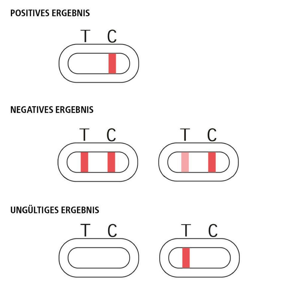 Grafische Darstellung der Testergebnisse. Positiv, negativ und ungültig. Beschriftung: T, C.