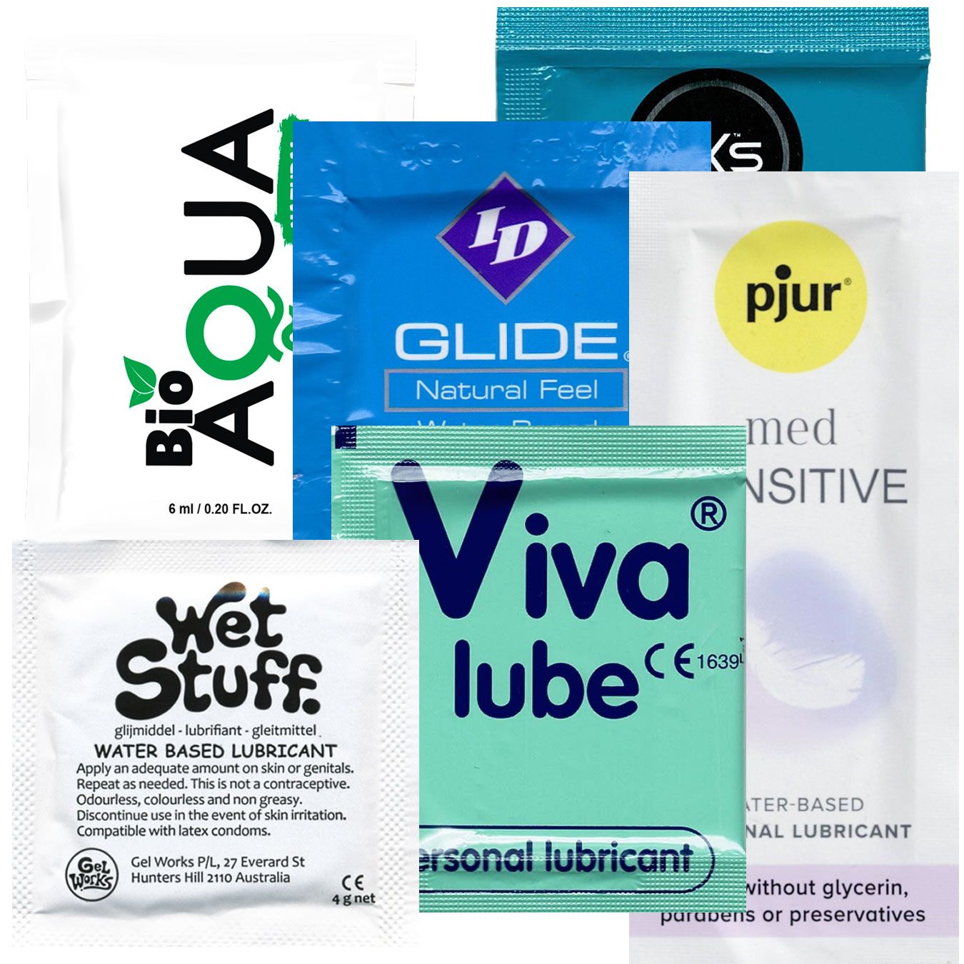 Mehrere kleine Beutel mit Gleitgel. Aufdrucke: Bio Aqua, ID Glide, Viva Lube, Wet Stuff, pjur med Sensitive. CE-Kennzeichnung.
