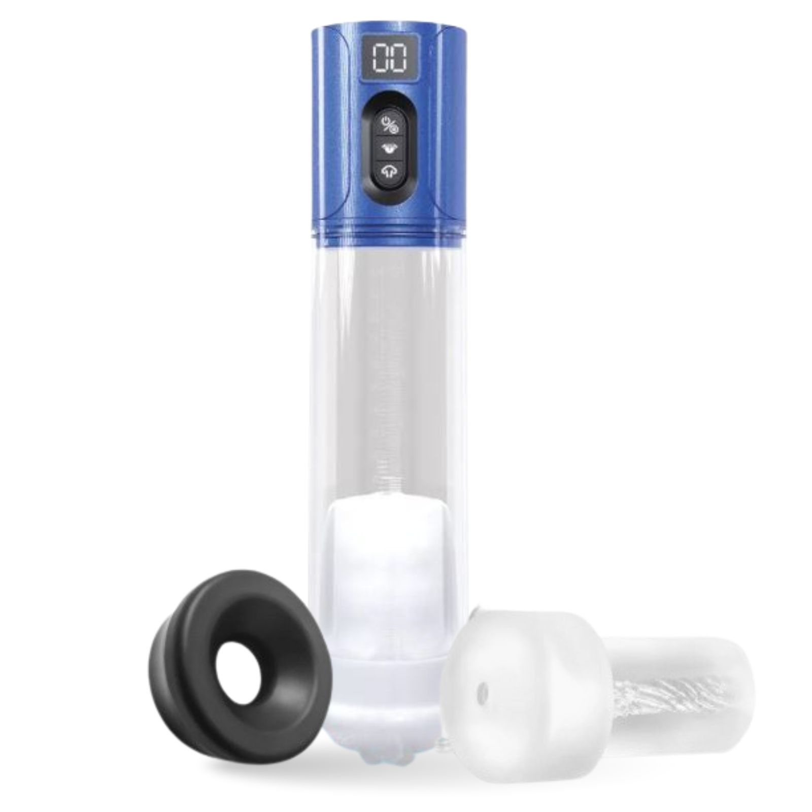 Elektronische Penispumpe mit digitalem Display. Inklusive Manschetten. Blau-transparente Ausführung.