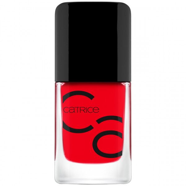Roter Nagellack in einer Glasflasche mit schwarzem Deckel. Der Markenname CATRICE ist auf der Flasche aufgedruckt.