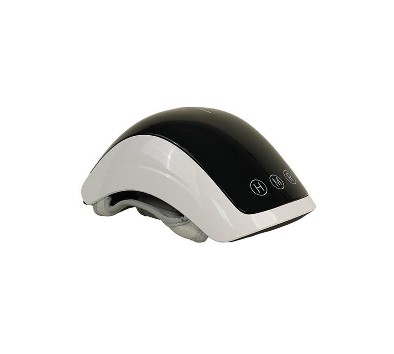 Knie-Massagegerät, schwarz-weiß, mit Bedienknöpfen. Oberseite gewölbt, Unterseite mit Gurt. H, M, R-Tasten.