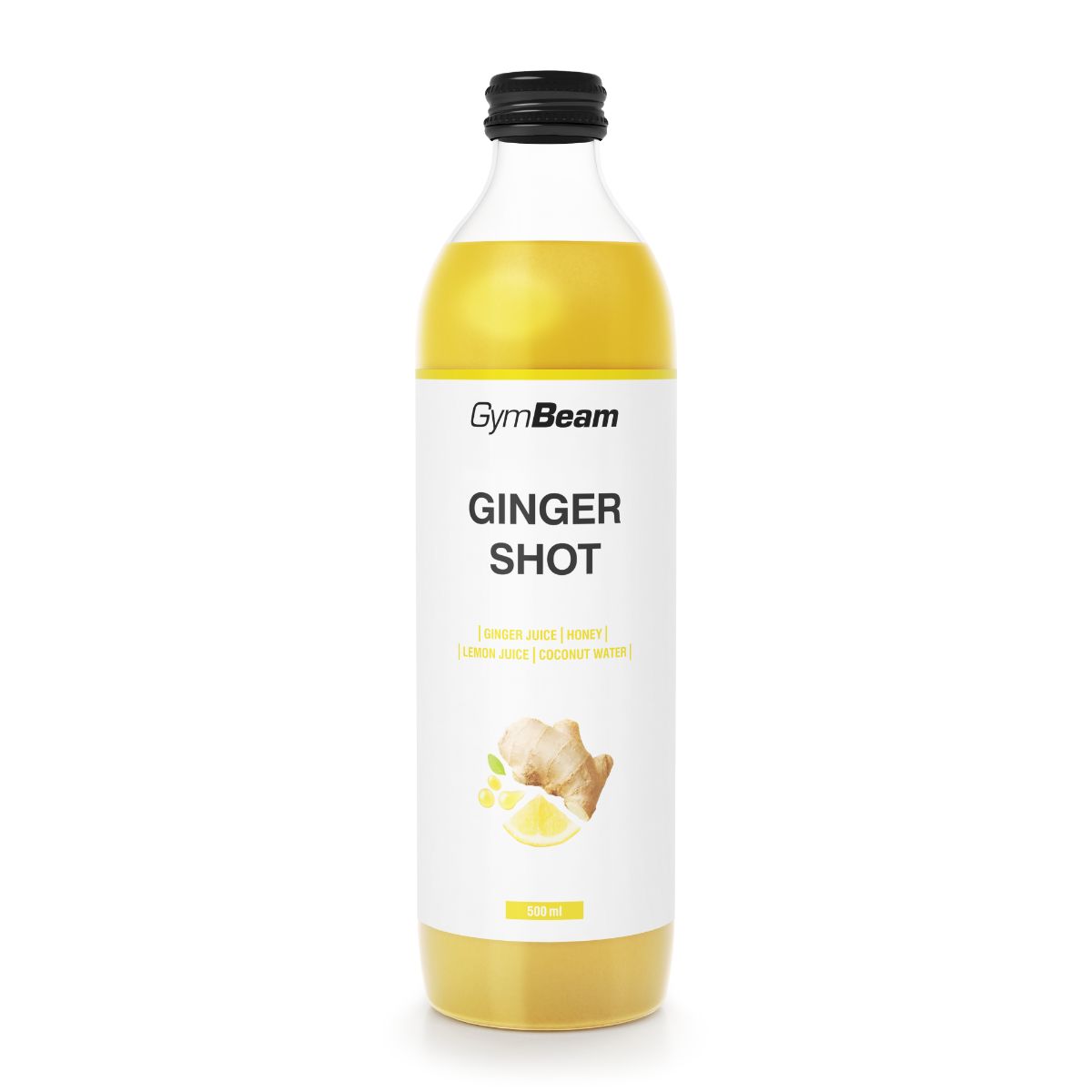 GymBeam Ingwershot mit 60% Ingwersaft, Zitrone und Honig in einer Glasflasche.