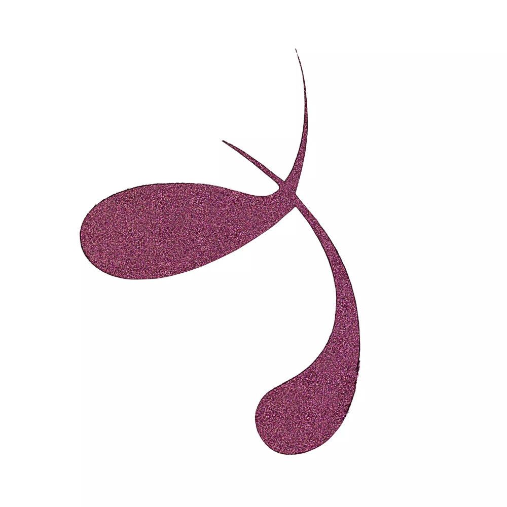 Zwei lilafarbene Metallic-Eyeliner-Striche auf weißem Hintergrund. Die Striche sind geschwungen und haben eine glänzende Oberfläche.