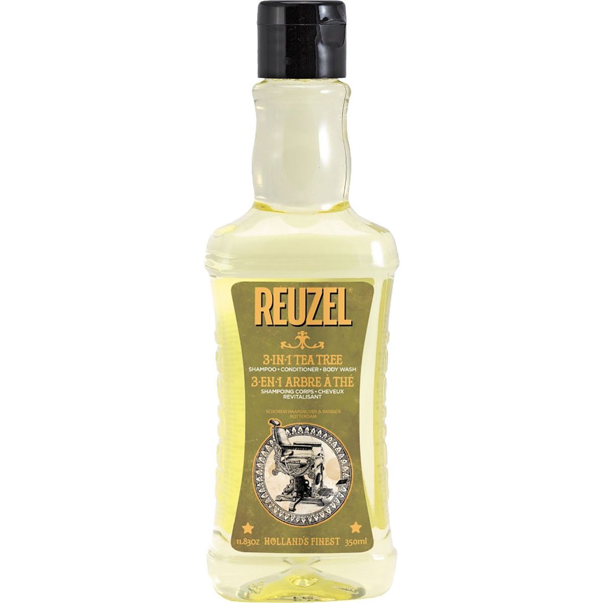 Reuzel 3-in-1 Shampoo mit Teebaumöl, klare Flüssigkeit in Flasche mit schwarzem Deckel, isoliert.