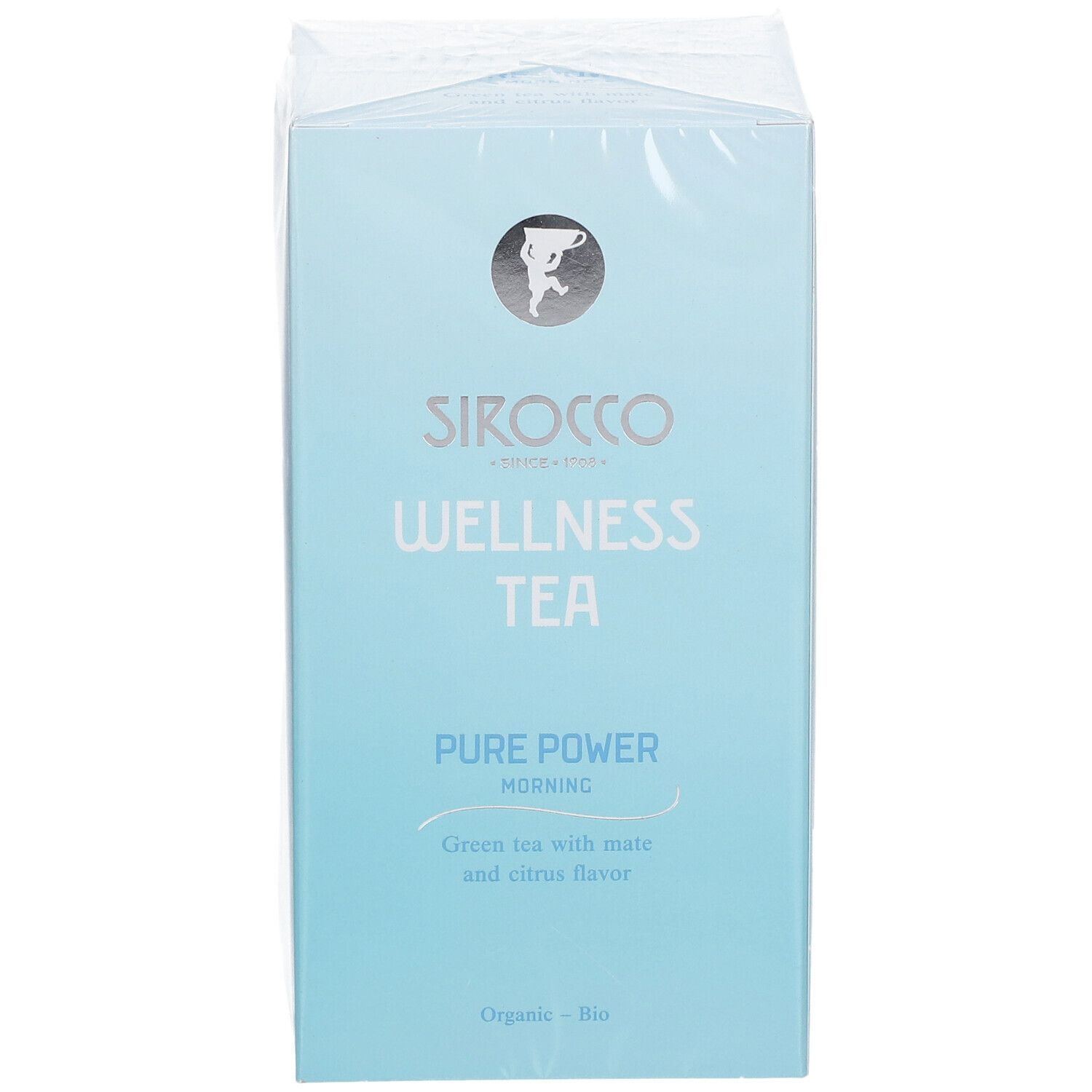 Hellblaue Schachtel mit "Sirocco Wellness Tea". Text: "Pure Power Morning". Logo und Schriftzug in Weiß. Bio-Siegel.