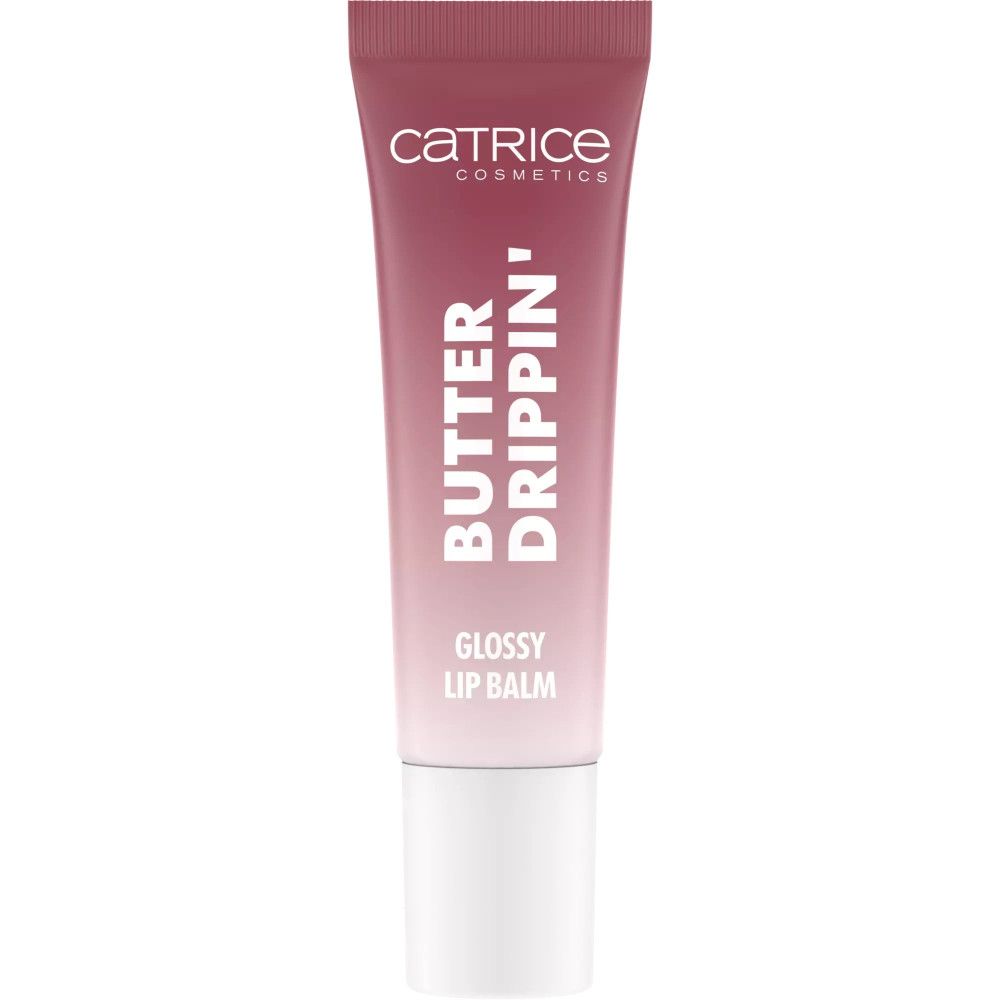 Catrice Butter Drippin' Lip Balm. Tube mit rosa Farbverlauf. Schriftzug 'Butter Drippin' und 'Glossy Lip Balm'.