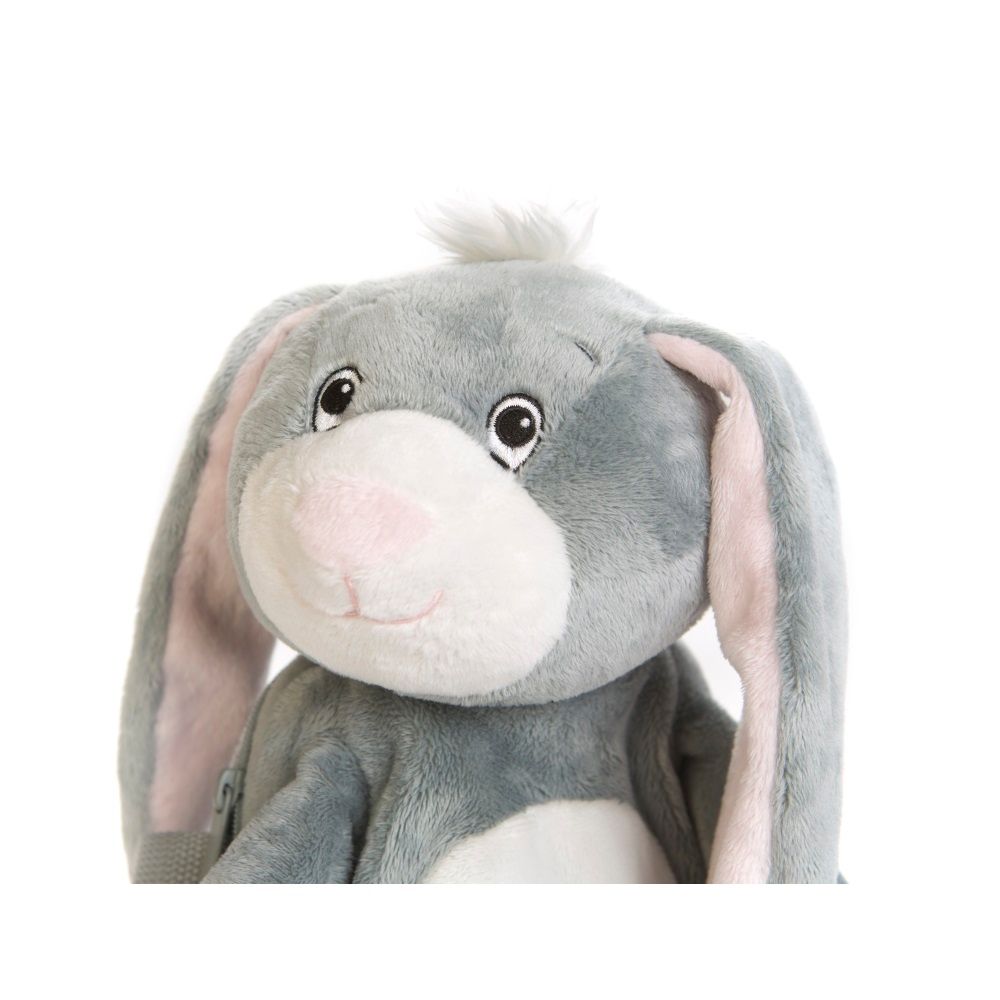 Grauer Rucksack in Hasenform. Gesicht mit Augen, Nase und Ohren. Weißer Fellbüschel auf dem Kopf.