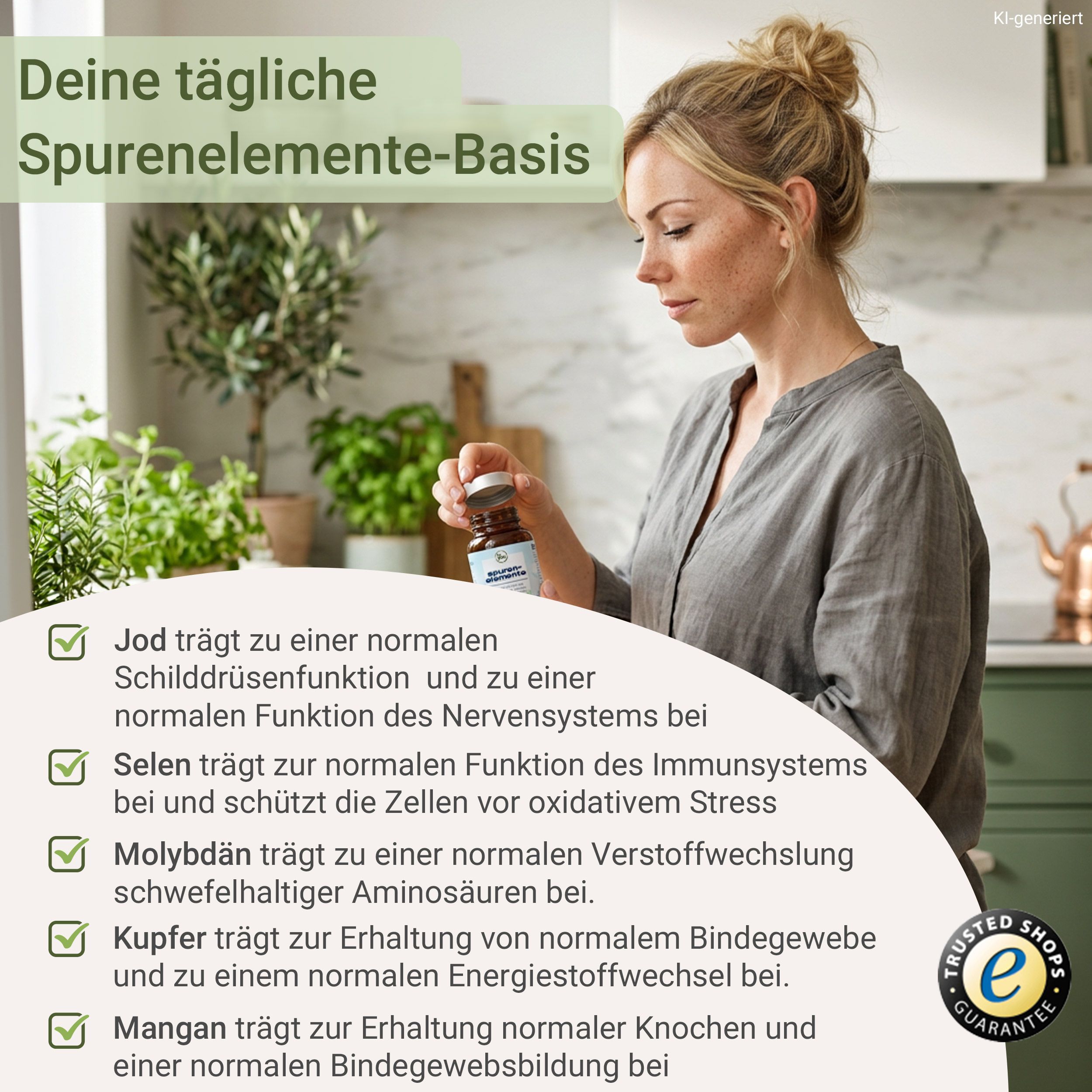 Frau hält eine Flasche Spurenelemente in der Hand, Liste mit gesundheitlichen Vorteilen.