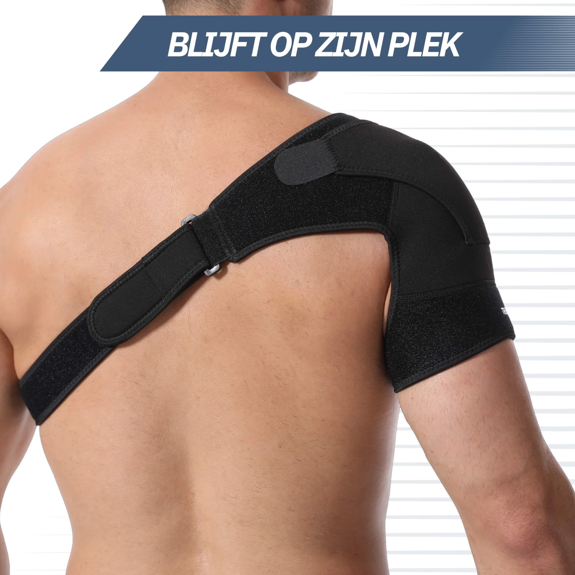 Mann mit schwarzer Schulterbandage, die mit Klettverschlüssen verstellt wird.