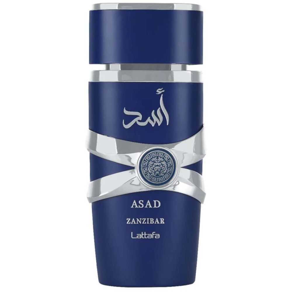 Blauer Flakon mit silbernen Bändern und Logo. Aufschrift: ASAD, ZANZIBAR, Lattafa. Flakon steht aufrecht.