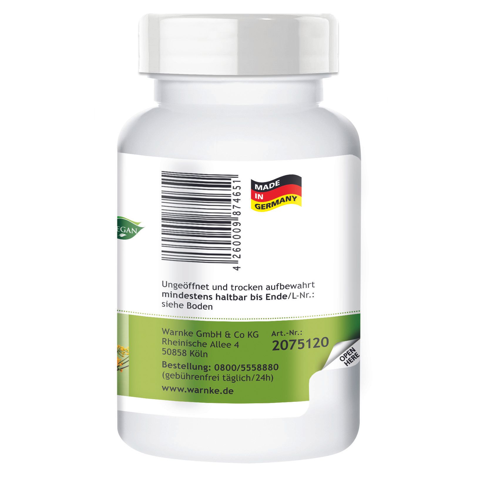 Rückseite der Flasche. Barcode, Made in Germany. Text: Warnke GmbH, Artikelnummer, Telefonnummer, Website.