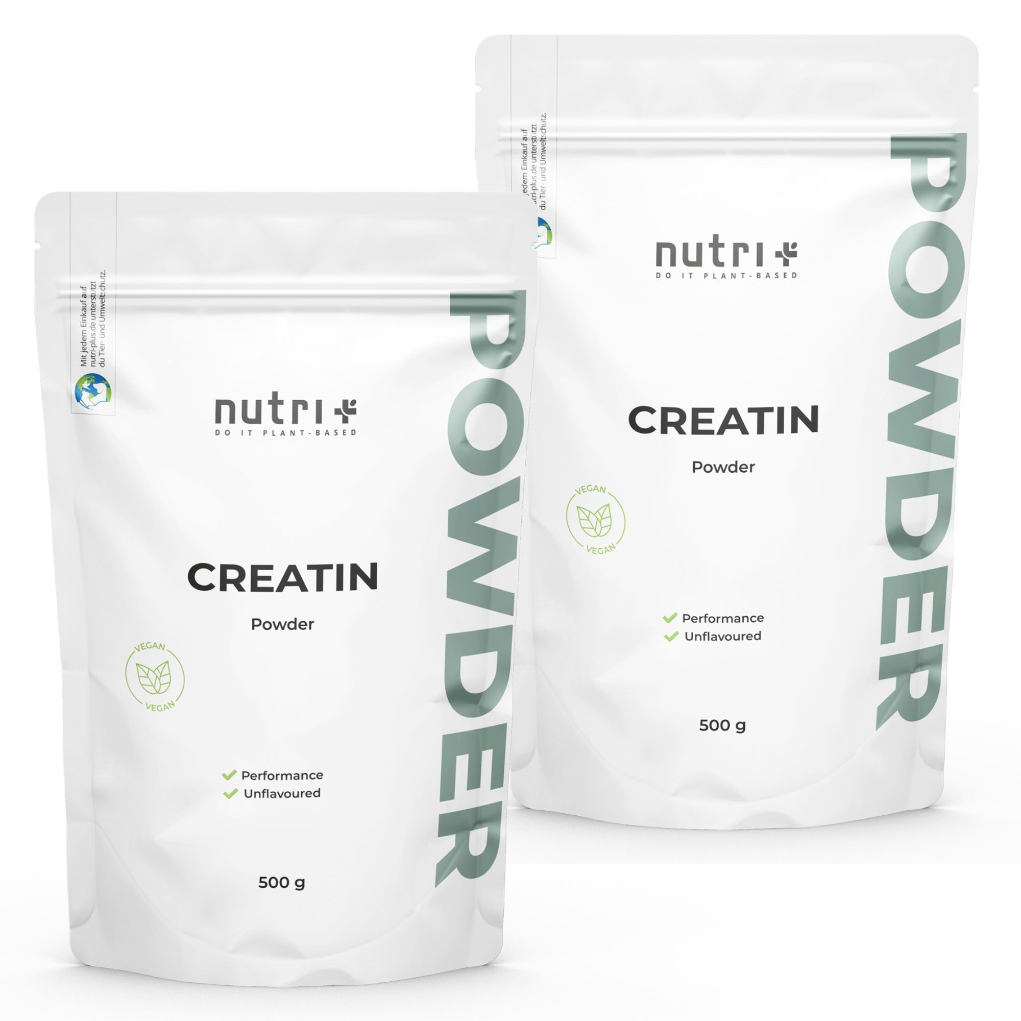 Zwei weiße Beutel mit dem Produktnamen 'Creatin' und 'Powder'. Marke: nutri+. Aufschrift: 500 g. Mit veganem Logo.