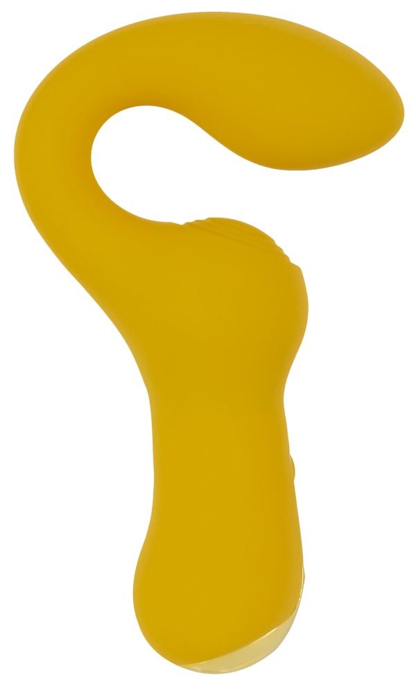 Gelber Vibrator mit gebogener Form. Bedienelemente und goldfarbene Akzente.