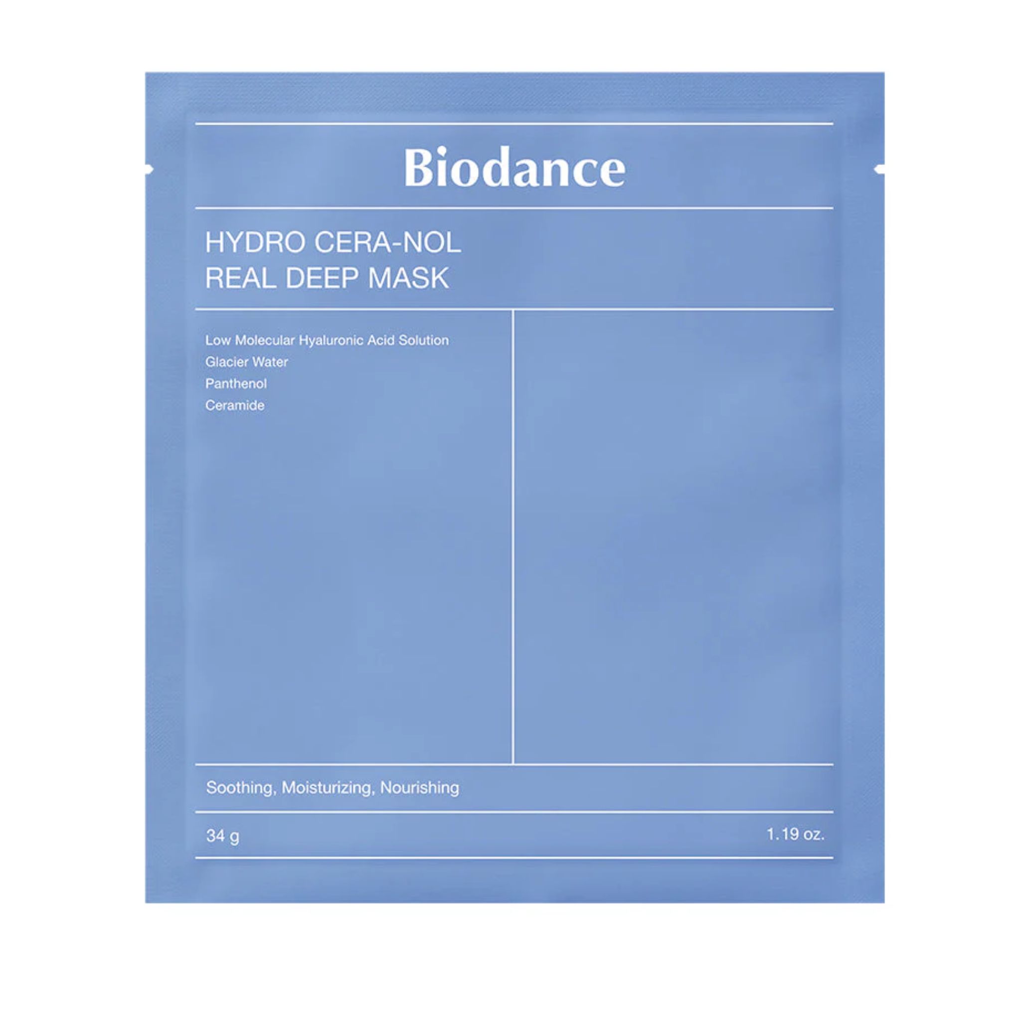 Hellblaue Verpackung mit Produktnamen Biodance Hydro Cera Nol Real Deep Mask. Enthält Inhaltsstoffe wie Hyaluronsäure und Ceramide.