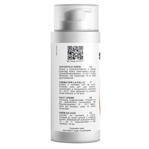 Rückseite einer weißen Flasche mit Pumpverschluss. Text in mehreren Sprachen. QR-Code. Text: TESTÁPOLÓ KRÉM, CREMA PER LA PELLE, HAUT CREME.