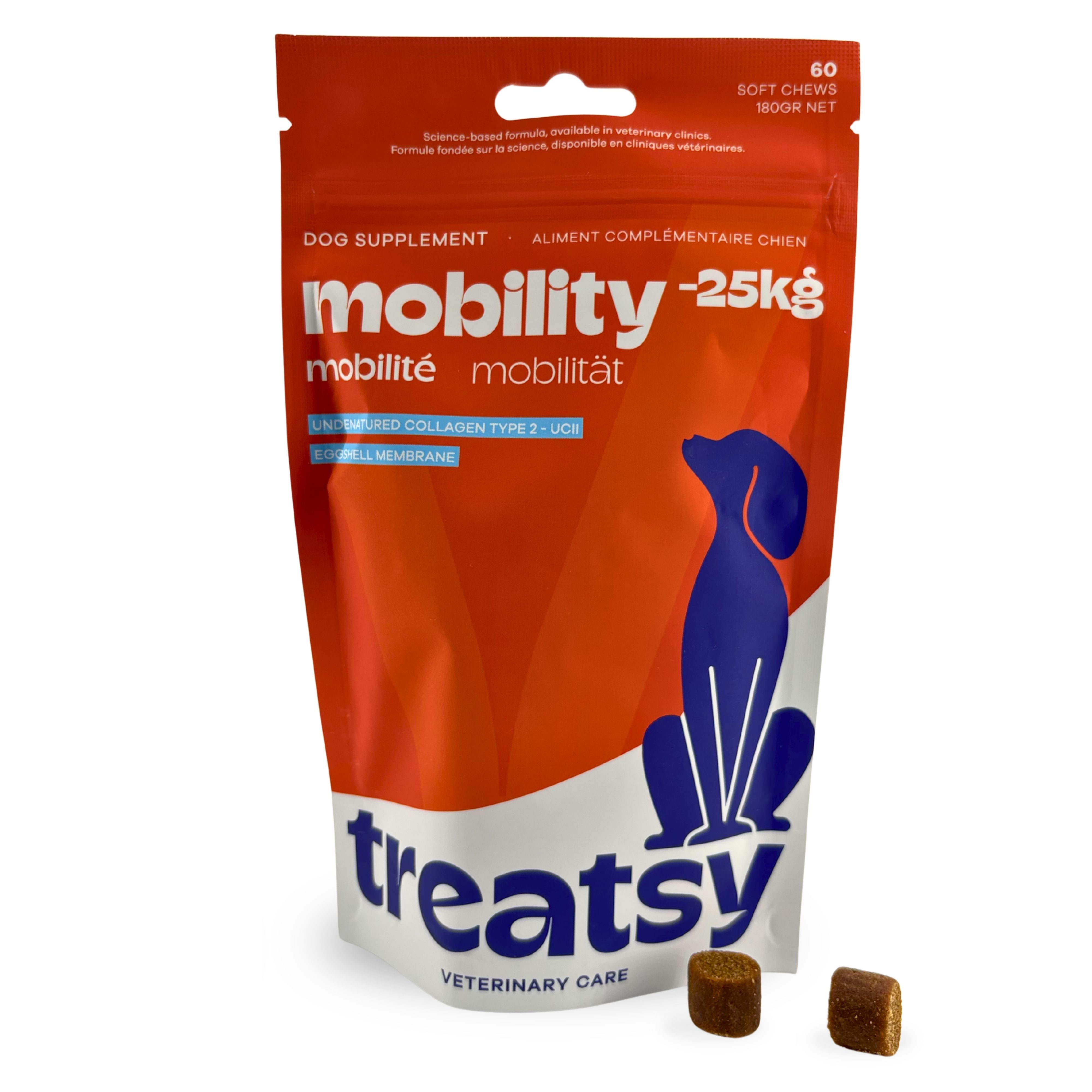 Rote Tüte mit „mobility“ und „Treatsy“. Zwei braune Tabletten liegen daneben.