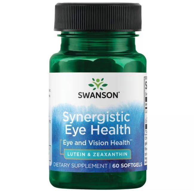 Grüne Flasche mit schwarzem Deckel. Aufschrift: SWANSON Synergistische Augengesundheit, Lutein & Zeaxanthin. 60 Softgels.